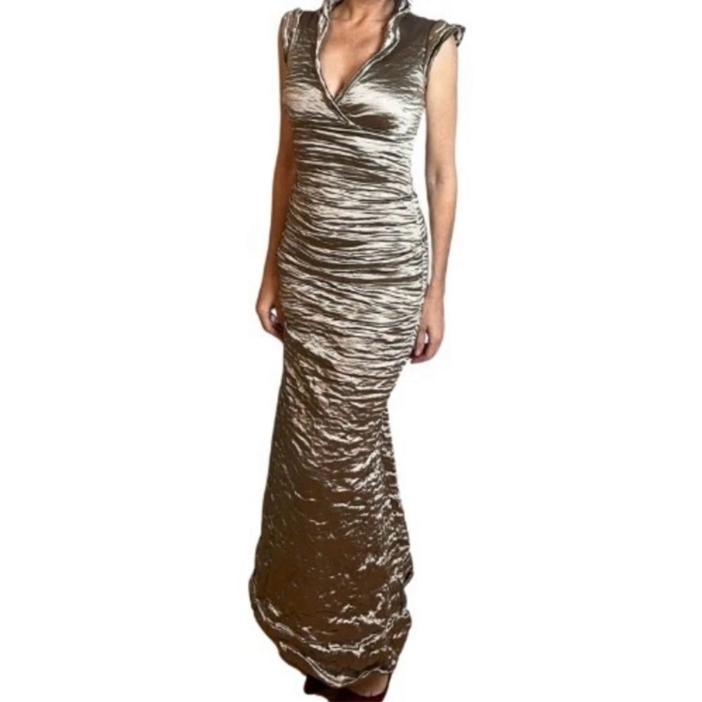 Nicole Miller Metallic Taffeta Crinkle Navy Blue Maxi Dress Gown Formal Mermaid
